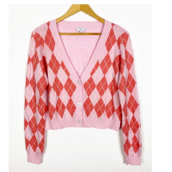 Cabana by Crown & Ivy Pink Coral Argyle Cardigan Sweater Size Large - Picture 5 of 5